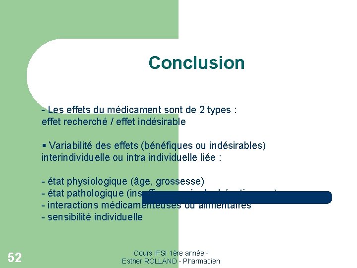 Conclusion - Les effets du médicament sont de 2 types : effet recherché /