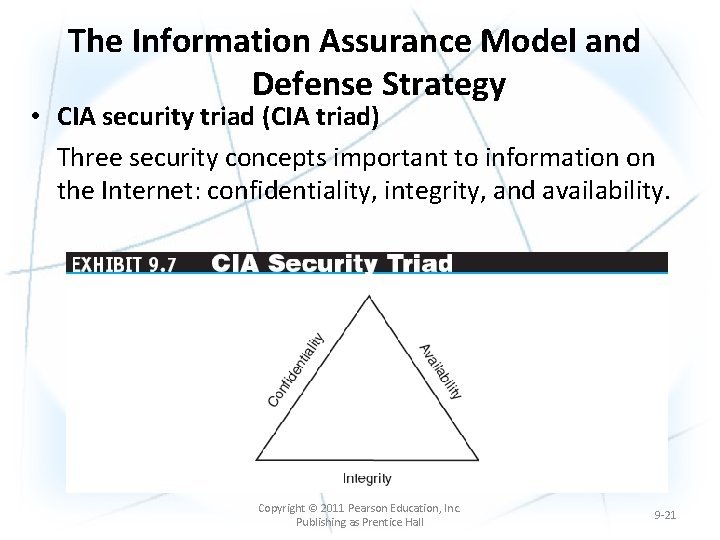 The Information Assurance Model and Defense Strategy • CIA security triad (CIA triad) Three The Information Assurance Model and Defense Strategy • CIA security triad (CIA triad) Three