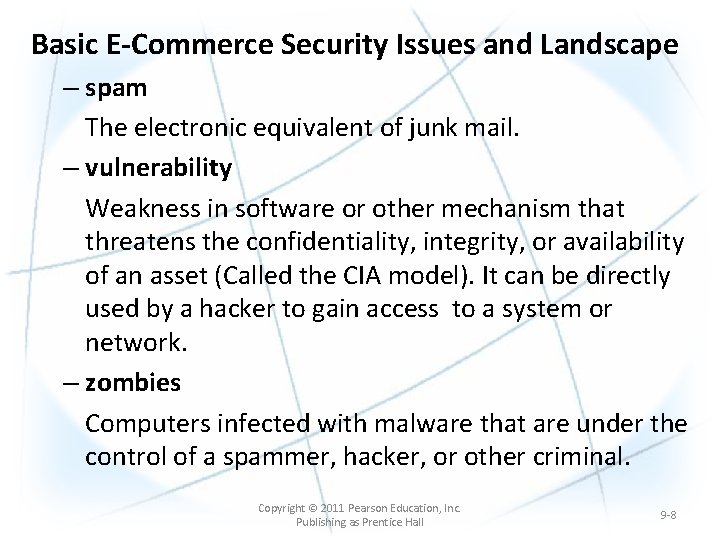 Basic E-Commerce Security Issues and Landscape – spam The electronic equivalent of junk mail. Basic E-Commerce Security Issues and Landscape – spam The electronic equivalent of junk mail.