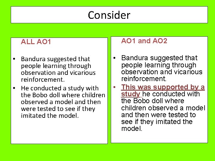 Consider ALL AO 1 • Bandura suggested that people learning through observation and vicarious