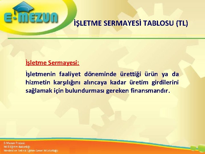  İŞLETME SERMAYESİ TABLOSU (TL) İşletme Sermayesi: İşletmenin faaliyet döneminde ürettiği ürün ya da