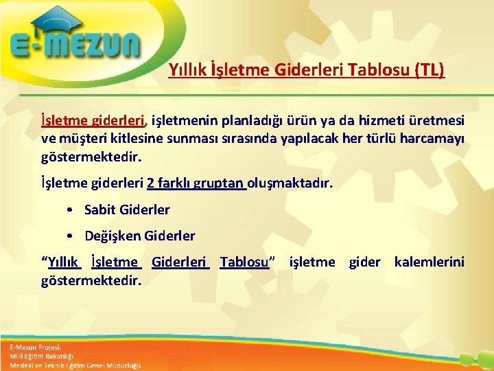 Yıllık İşletme Giderleri Tablosu (TL) İşletme giderleri, işletmenin planladığı ürün ya da hizmeti üretmesi