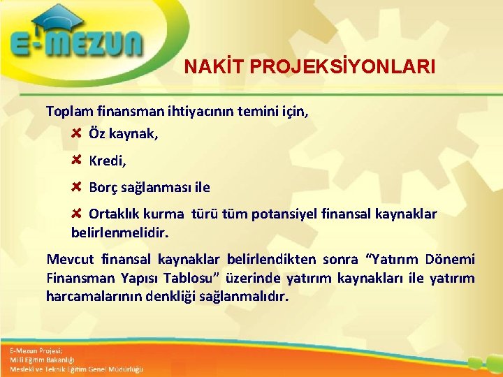 NAKİT PROJEKSİYONLARI Toplam finansman ihtiyacının temini için, Öz kaynak, Kredi, Borç sağlanması ile Faal