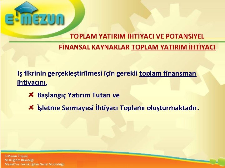 TOPLAM YATIRIM İHTİYACI VE POTANSİYEL FİNANSAL KAYNAKLAR TOPLAM YATIRIM İHTİYACI İş fikrinin gerçekleştirilmesi için