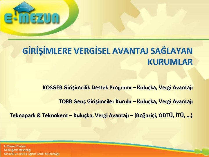 GİRİŞİMLERE VERGİSEL AVANTAJ SAĞLAYAN KURUMLAR Faal 2. 7 100 Genç KOSGEB Girişimcilik Destek Programı