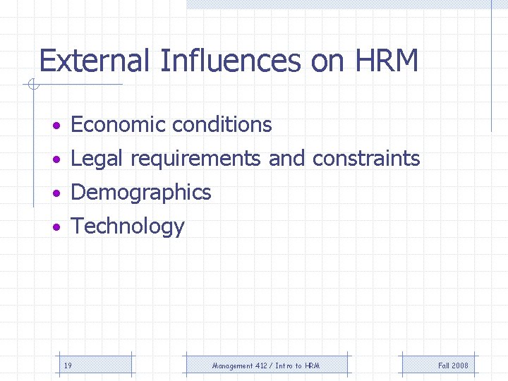 External Influences on HRM • Economic conditions • Legal requirements and constraints • Demographics