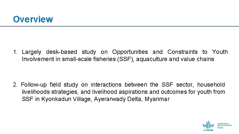 Overview 1. Largely desk-based study on Opportunities and Constraints to Youth Involvement in small-scale
