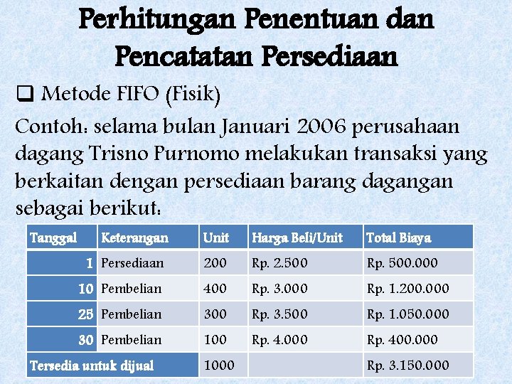 Perhitungan Penentuan dan Pencatatan Persediaan q Metode FIFO (Fisik) Contoh: selama bulan Januari 2006