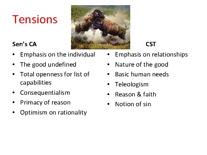 Tensions Sen’s CA • Emphasis on the individual • The good undefined • Total
