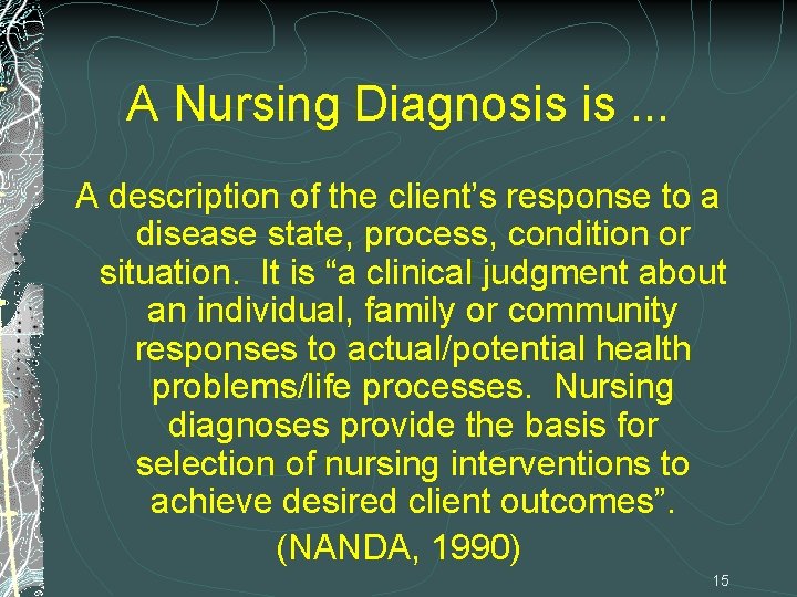 A Nursing Diagnosis is. . . A description of the client’s response to a