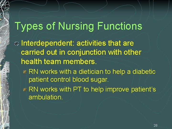 Types of Nursing Functions Interdependent: activities that are carried out in conjunction with other Types of Nursing Functions Interdependent: activities that are carried out in conjunction with other
