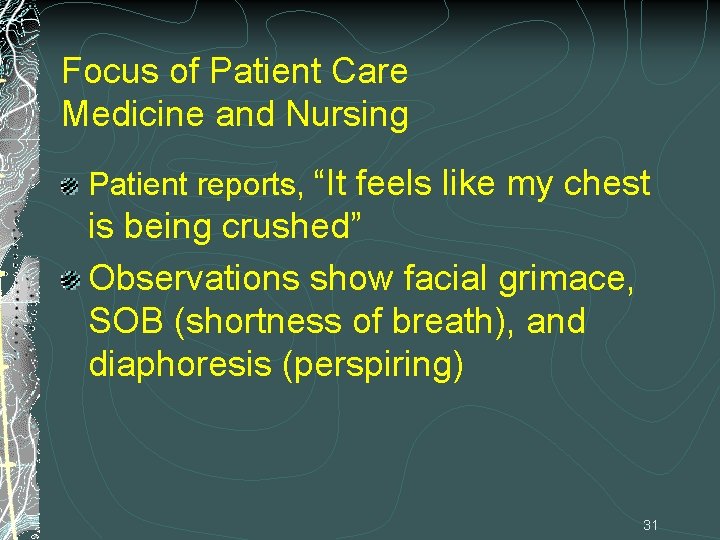 Focus of Patient Care Medicine and Nursing Patient reports, “It feels like my chest