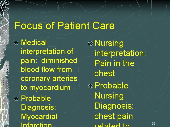 Focus of Patient Care Medical interpretation of pain: diminished blood flow from coronary arteries