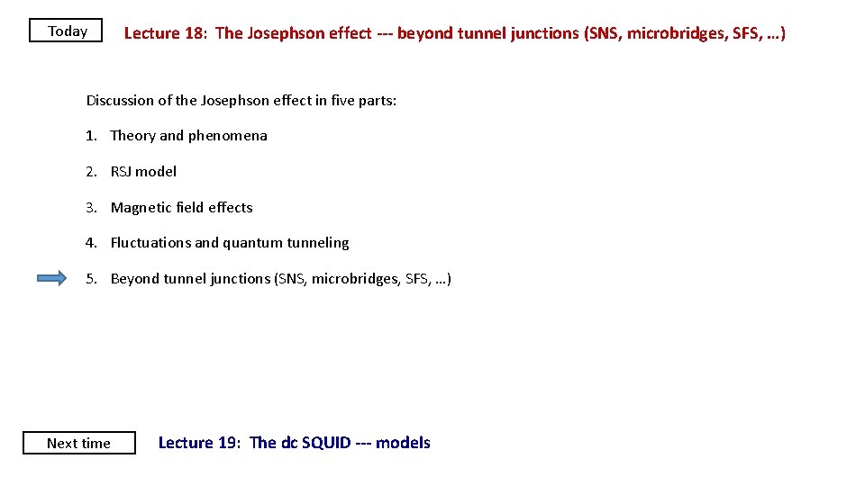 Today Lecture 18: The Josephson effect --- beyond tunnel junctions (SNS, microbridges, SFS, …)