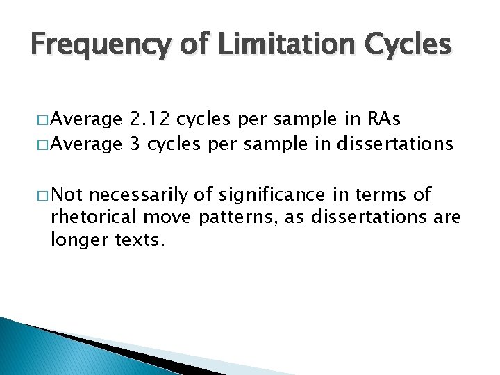Frequency of Limitation Cycles � Average 2. 12 cycles per sample in RAs �