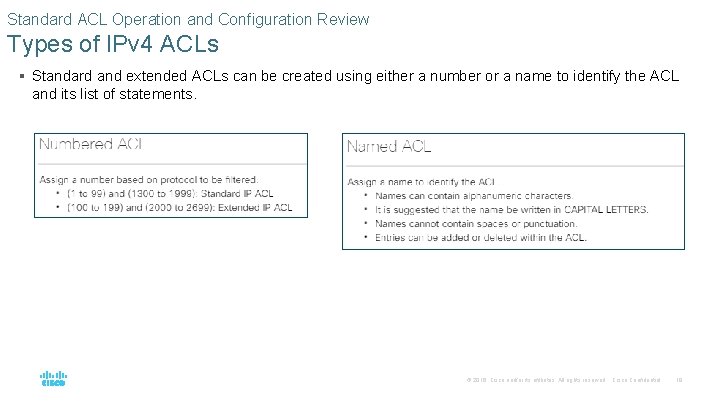 Standard ACL Operation and Configuration Review Types of IPv 4 ACLs § Standard and