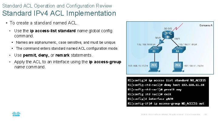 Standard ACL Operation and Configuration Review Standard IPv 4 ACL Implementation § To create