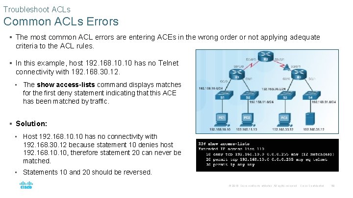 Troubleshoot ACLs Common ACLs Errors § The most common ACL errors are entering ACEs