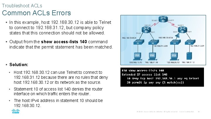 Troubleshoot ACLs Common ACLs Errors § In this example, host 192. 168. 30. 12