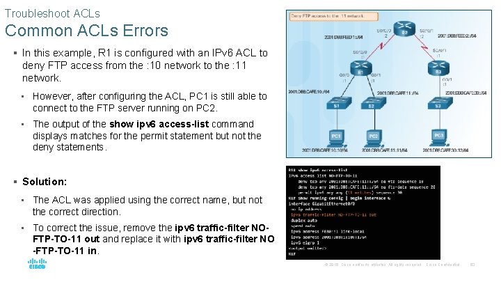 Troubleshoot ACLs Common ACLs Errors § In this example, R 1 is configured with