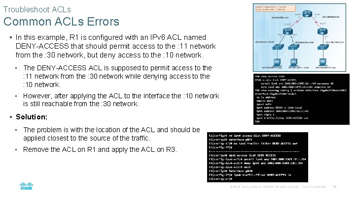 Troubleshoot ACLs Common ACLs Errors § In this example, R 1 is configured with