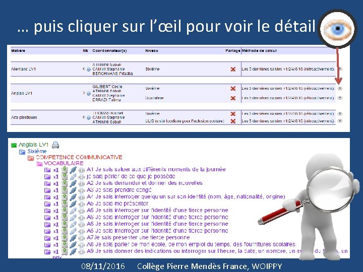 … puis cliquer sur l’œil pour voir le détail 08/11/2016 Collège Pierre Mendès France,