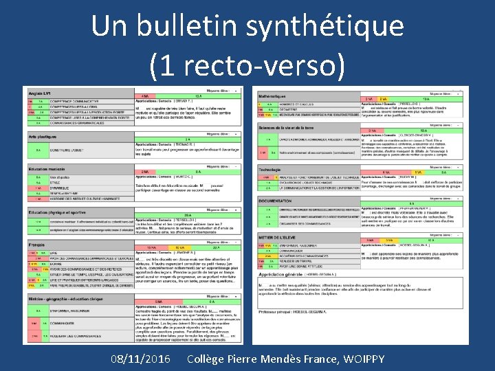 Un bulletin synthétique (1 recto-verso) 08/11/2016 Collège Pierre Mendès France, WOIPPY 