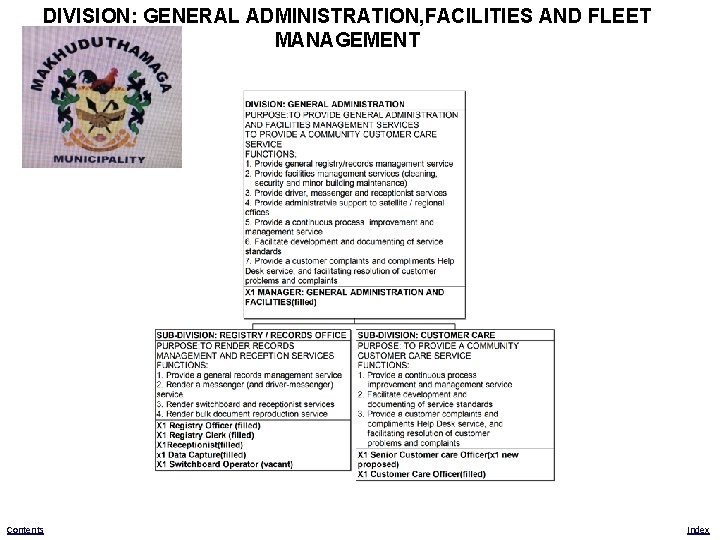 DIVISION: GENERAL ADMINISTRATION, FACILITIES AND FLEET MANAGEMENT Contents Index 