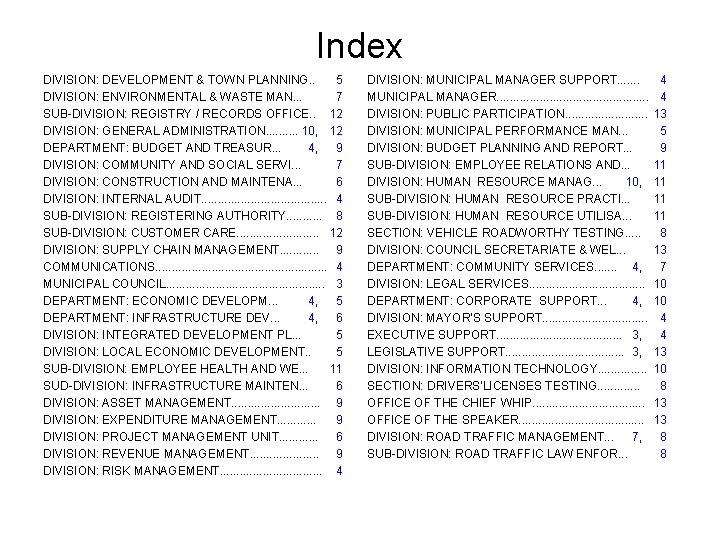 Index DIVISION: DEVELOPMENT & TOWN PLANNING. . 5 DIVISION: ENVIRONMENTAL & WASTE MAN. .