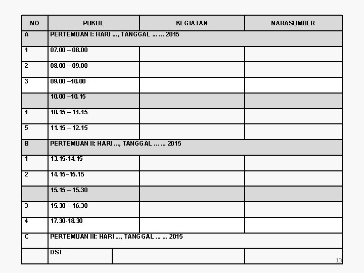 NO PUKUL KEGIATAN NARASUMBER A PERTEMUAN I: HARI. . . , TANGGAL. . .