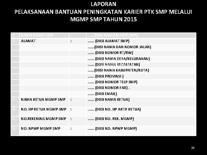 LAPORAN PELAKSANAAN BANTUAN PENINGKATAN KARIER PTK SMP MELALUI MGMP SMP TAHUN 2015 1. 2.