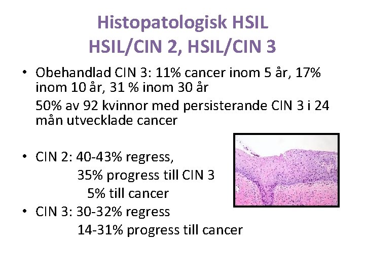 Histopatologisk HSIL/CIN 2, HSIL/CIN 3 • Obehandlad CIN 3: 11% cancer inom 5 år,