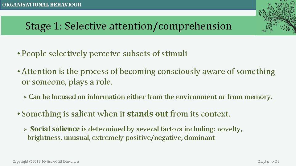 ORGANISATIONAL BEHAVIOUR Stage 1: Selective attention/comprehension • People selectively perceive subsets of stimuli • ORGANISATIONAL BEHAVIOUR Stage 1: Selective attention/comprehension • People selectively perceive subsets of stimuli •