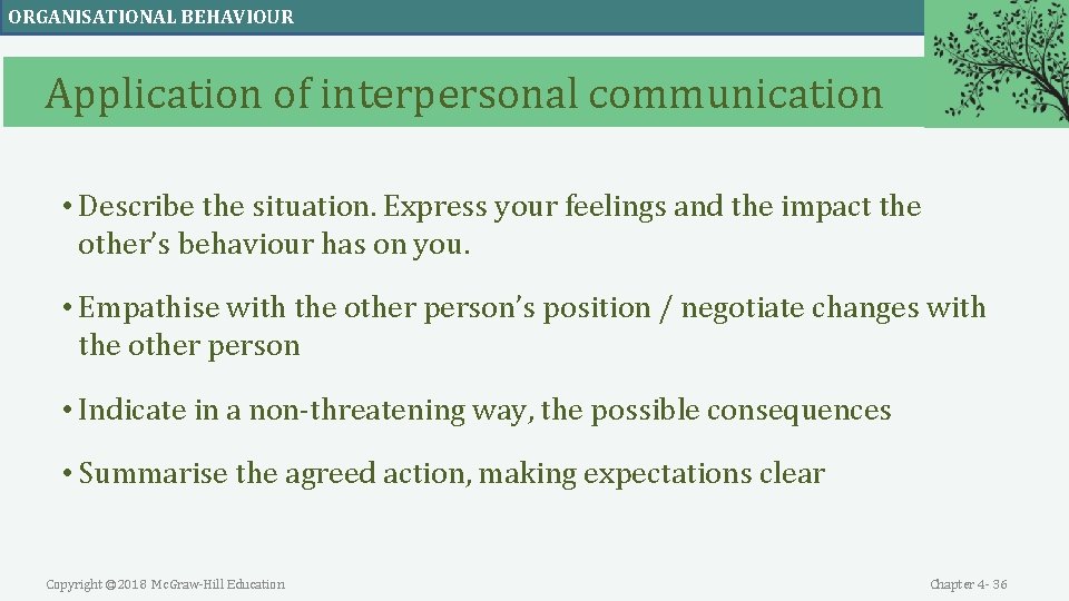ORGANISATIONAL BEHAVIOUR Application of interpersonal communication • Describe the situation. Express your feelings and ORGANISATIONAL BEHAVIOUR Application of interpersonal communication • Describe the situation. Express your feelings and