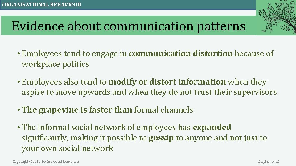 ORGANISATIONAL BEHAVIOUR Evidence about communication patterns • Employees tend to engage in communication distortion ORGANISATIONAL BEHAVIOUR Evidence about communication patterns • Employees tend to engage in communication distortion