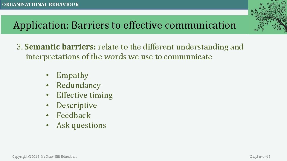 ORGANISATIONAL BEHAVIOUR Application: Barriers to effective communication 3. Semantic barriers: relate to the different ORGANISATIONAL BEHAVIOUR Application: Barriers to effective communication 3. Semantic barriers: relate to the different