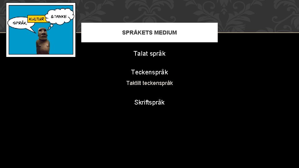 SPRÅKETS MEDIUM Talat språk Teckenspråk Taktilt teckenspråk Skriftspråk 