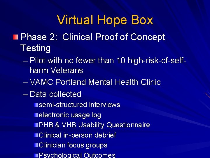 Virtual Hope Box Phase 2: Clinical Proof of Concept Testing – Pilot with no