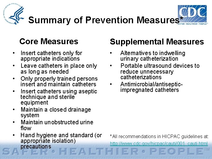 Summary of Prevention Measures* Core Measures • Insert catheters only for appropriate indications •