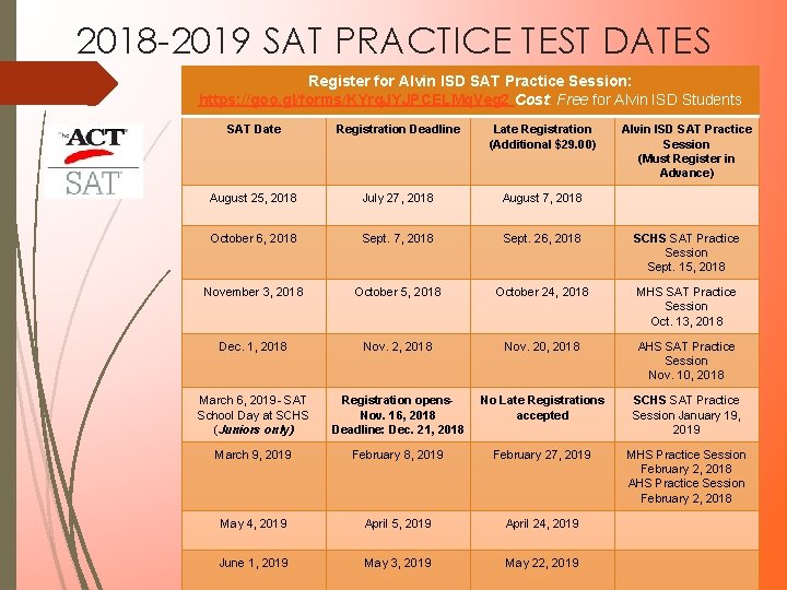 2018 -2019 SAT PRACTICE TEST DATES Register for Alvin ISD SAT Practice Session: https: 2018 -2019 SAT PRACTICE TEST DATES Register for Alvin ISD SAT Practice Session: https: