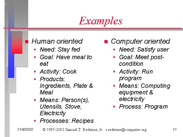 Examples n Human oriented • Need: Stay fed • Goal: Have meal to eat