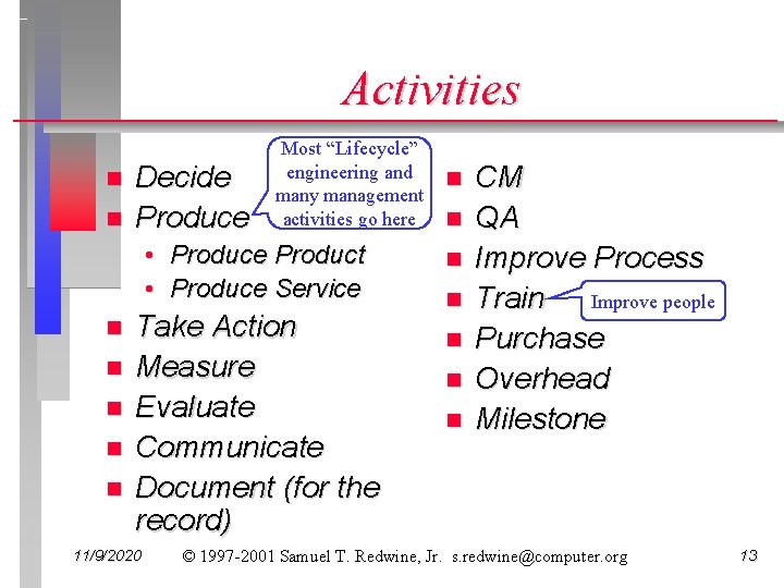 Activities n n Decide Produce Most “Lifecycle” engineering and many management activities go here