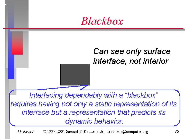 Blackbox Can see only surface interface, not interior Interfacing dependably with a “blackbox” requires