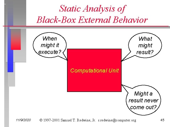 Static Analysis of Black-Box External Behavior When might it execute? What might result? Computational