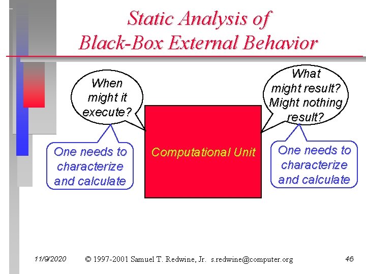 Static Analysis of Black-Box External Behavior What might result? Might nothing result? When might