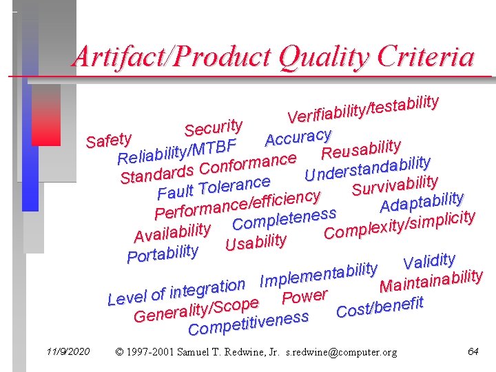 Artifact/Product Quality Criteria ity l i b a t s e t / y