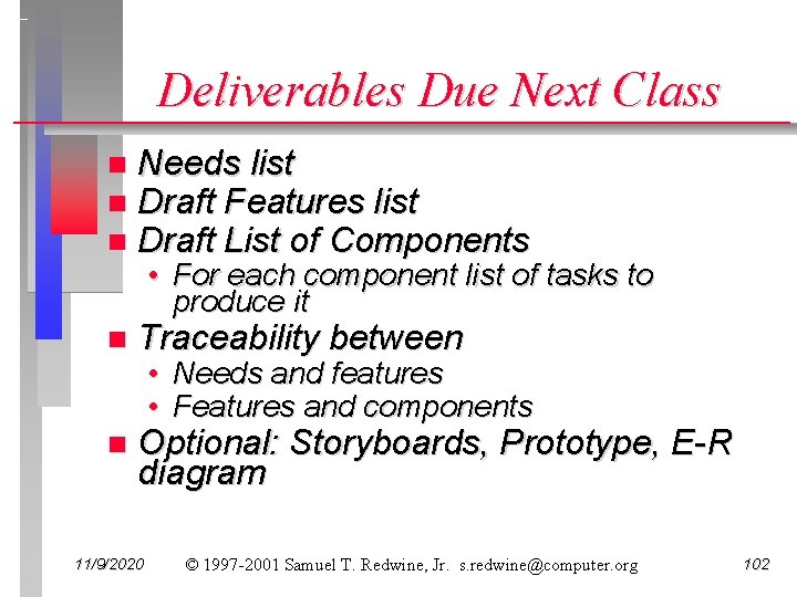 Deliverables Due Next Class n n n Needs list Draft Features list Draft List