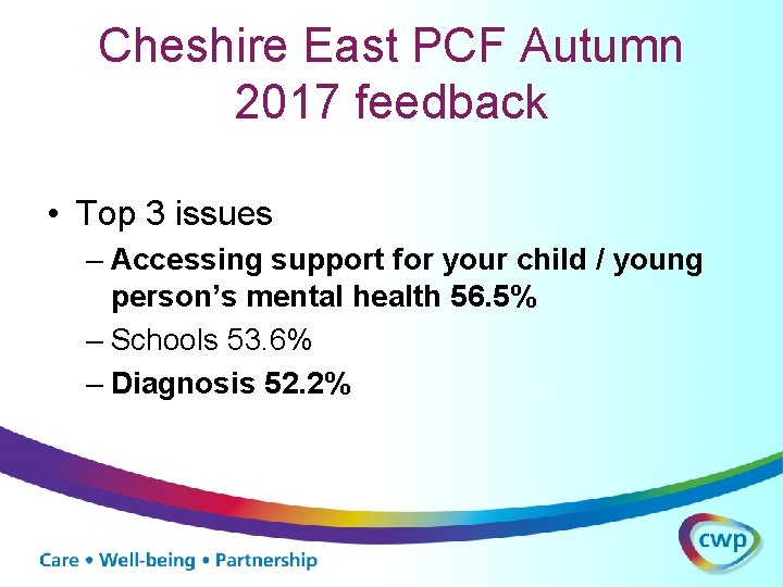 Cheshire East PCF Autumn 2017 feedback • Top 3 issues – Accessing support for