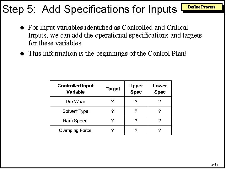 Step 5: Add Specifications for Inputs Define Process For input variables identified as Controlled