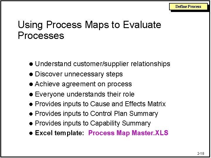 Define Process Using Process Maps to Evaluate Processes Understand customer/supplier relationships l Discover unnecessary